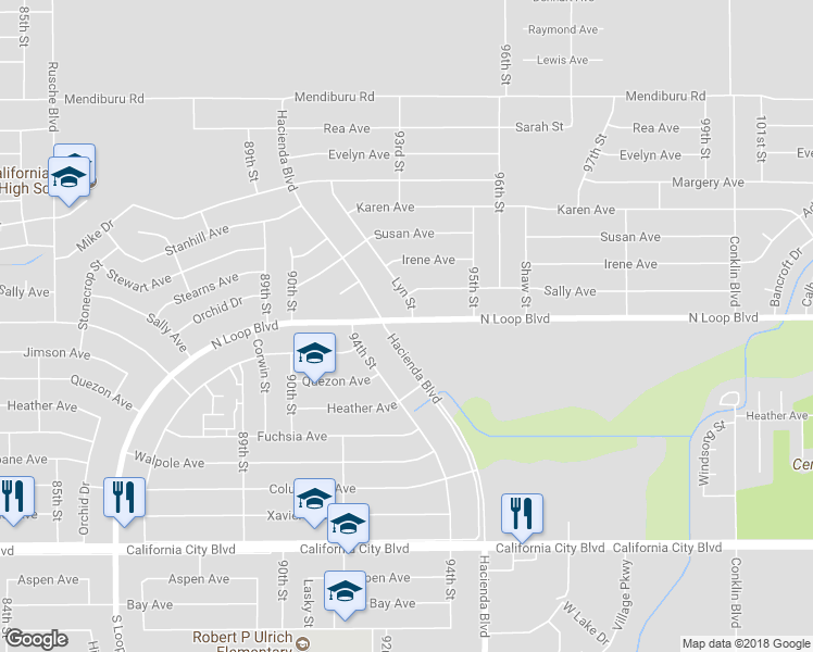 map of restaurants, bars, coffee shops, grocery stores, and more near 9278 North Loop Boulevard in California City