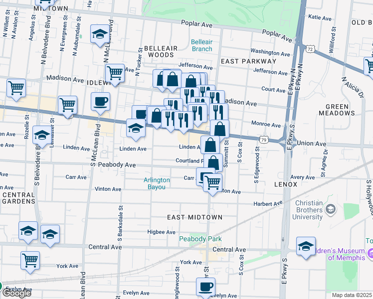 map of restaurants, bars, coffee shops, grocery stores, and more near 2073 Linden Avenue in Memphis
