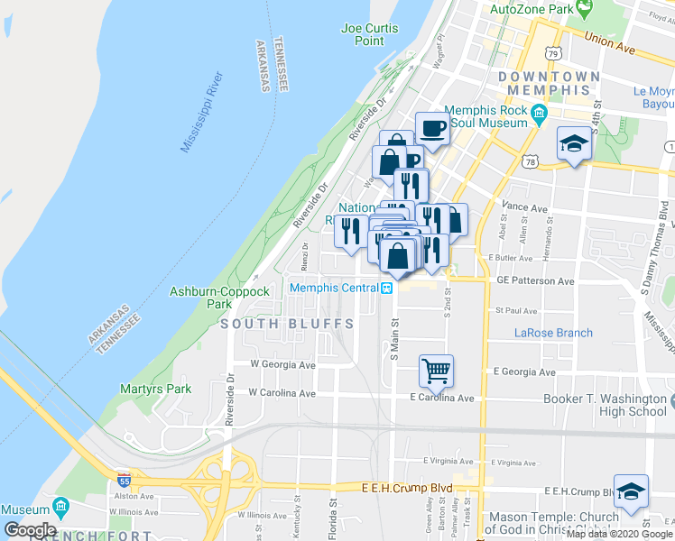 map of restaurants, bars, coffee shops, grocery stores, and more near 2 West GE Patterson Avenue in Memphis
