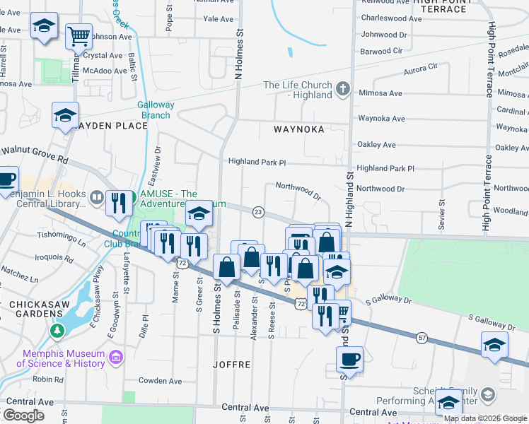 map of restaurants, bars, coffee shops, grocery stores, and more near Walnut Grove Rd & N Reese St in Memphis