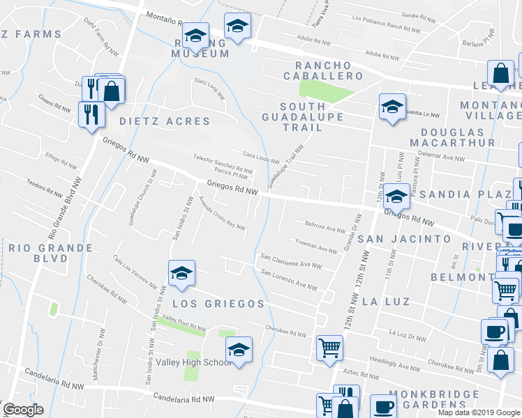 map of restaurants, bars, coffee shops, grocery stores, and more near 4604 Compound North Court Northwest in Albuquerque