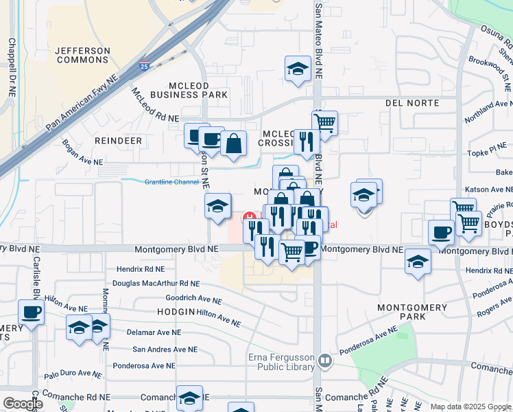 map of restaurants, bars, coffee shops, grocery stores, and more near 103 Hospital Loop Northeast in Albuquerque