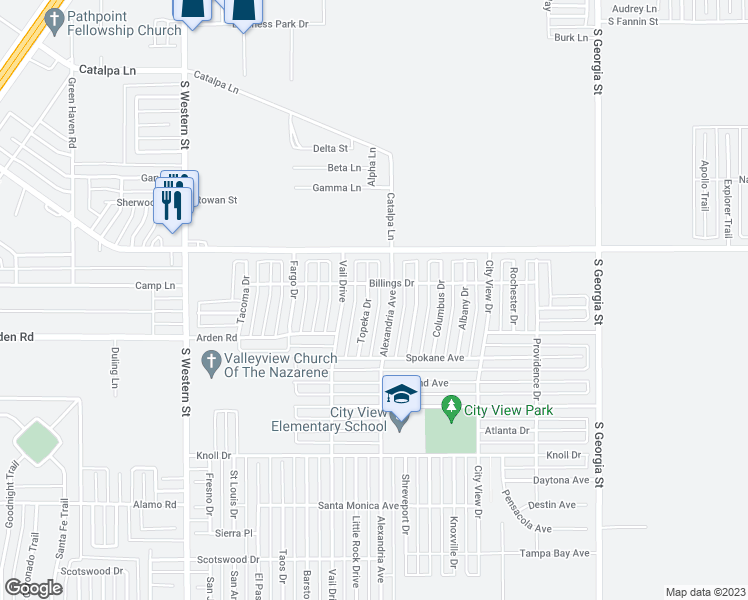 map of restaurants, bars, coffee shops, grocery stores, and more near 7405 Topeka Drive in Amarillo