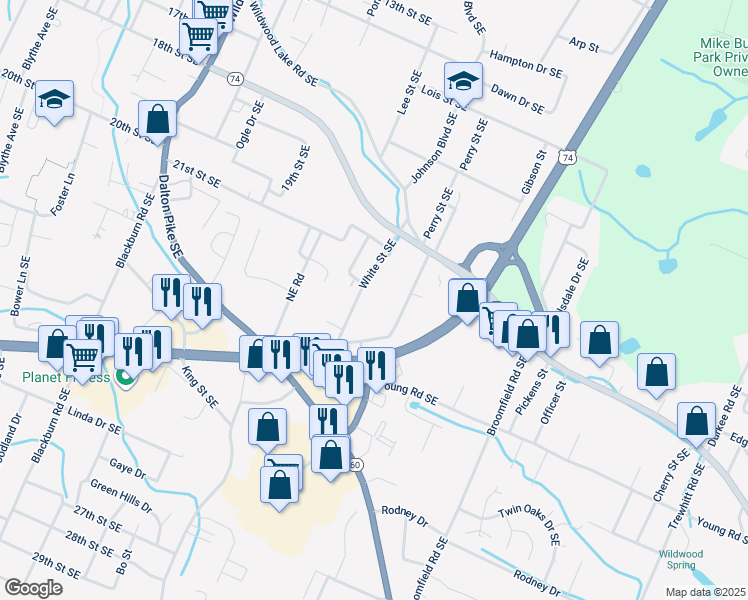 map of restaurants, bars, coffee shops, grocery stores, and more near 1955 White Street Southeast in Cleveland