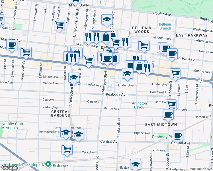 map of restaurants, bars, coffee shops, grocery stores, and more near 232 South McLean Boulevard in Memphis
