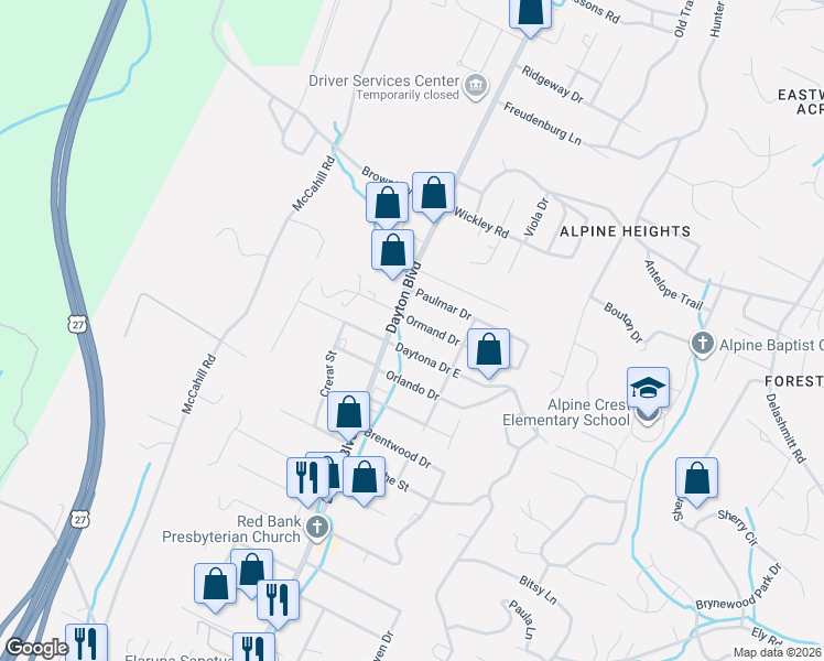 map of restaurants, bars, coffee shops, grocery stores, and more near 6 Ormand Dr in Chattanooga