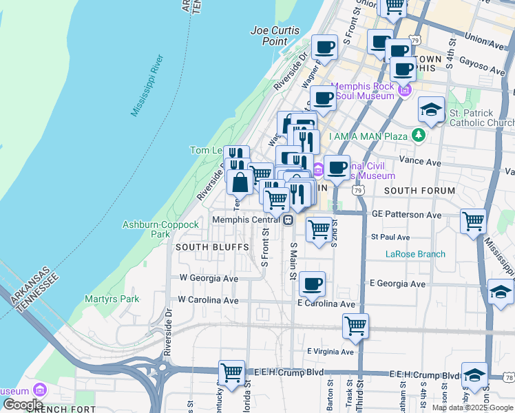 map of restaurants, bars, coffee shops, grocery stores, and more near 2 West GE Patterson Avenue in Memphis