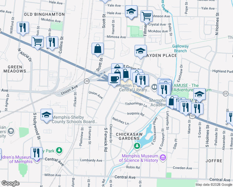 map of restaurants, bars, coffee shops, grocery stores, and more near 37 North Fenwick Road in Memphis