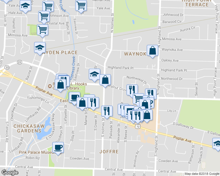 map of restaurants, bars, coffee shops, grocery stores, and more near 43 North Century Street in Memphis