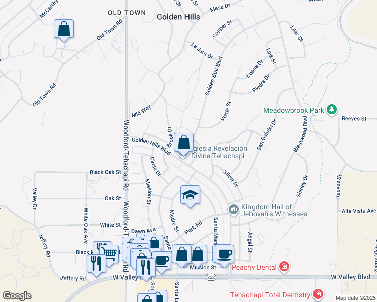 map of restaurants, bars, coffee shops, grocery stores, and more near 21616 Golden Star Boulevard in Tehachapi