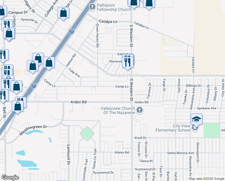 map of restaurants, bars, coffee shops, grocery stores, and more near 4225 Camp Lane in Amarillo