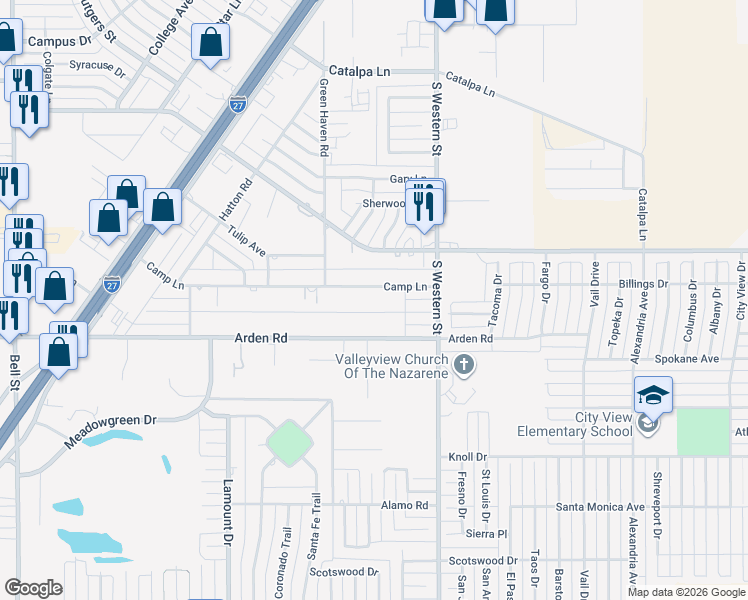 map of restaurants, bars, coffee shops, grocery stores, and more near 4225 Camp Lane in Amarillo