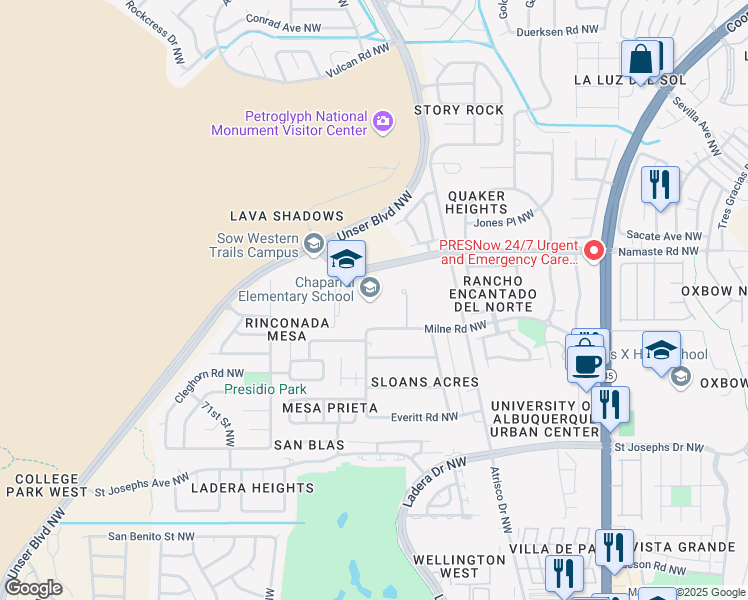 map of restaurants, bars, coffee shops, grocery stores, and more near 6325 Milne Road Northwest in Albuquerque