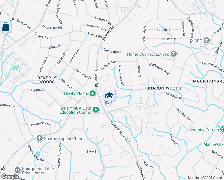 map of restaurants, bars, coffee shops, grocery stores, and more near 5927 Quail Hollow Road in Charlotte
