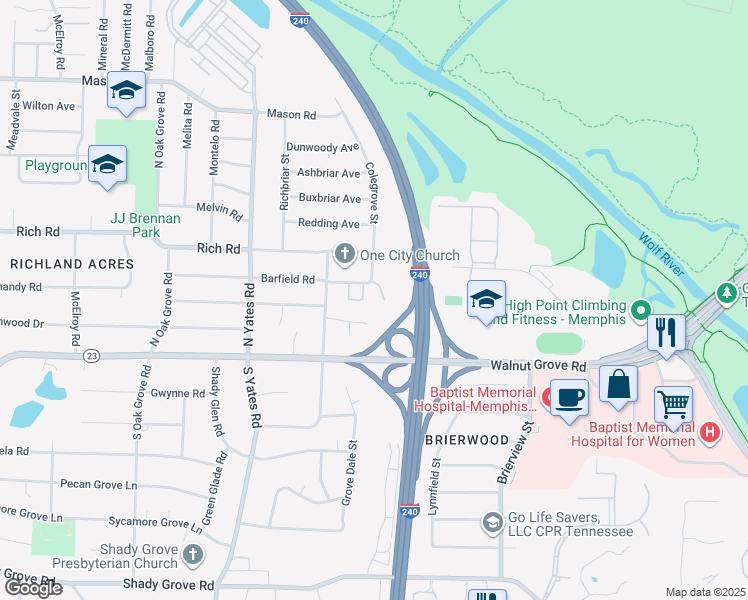 map of restaurants, bars, coffee shops, grocery stores, and more near 5767 Barfield Circle in Memphis