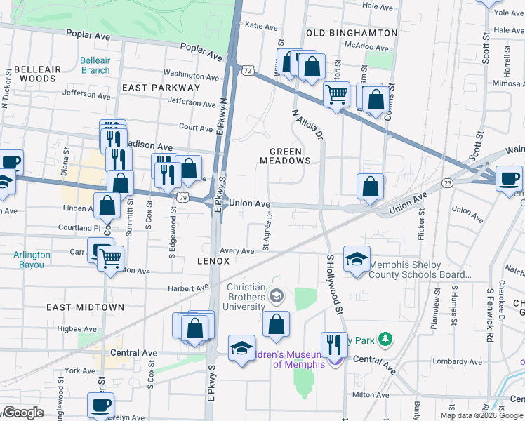 map of restaurants, bars, coffee shops, grocery stores, and more near 118 Saint Agnes Drive in Memphis