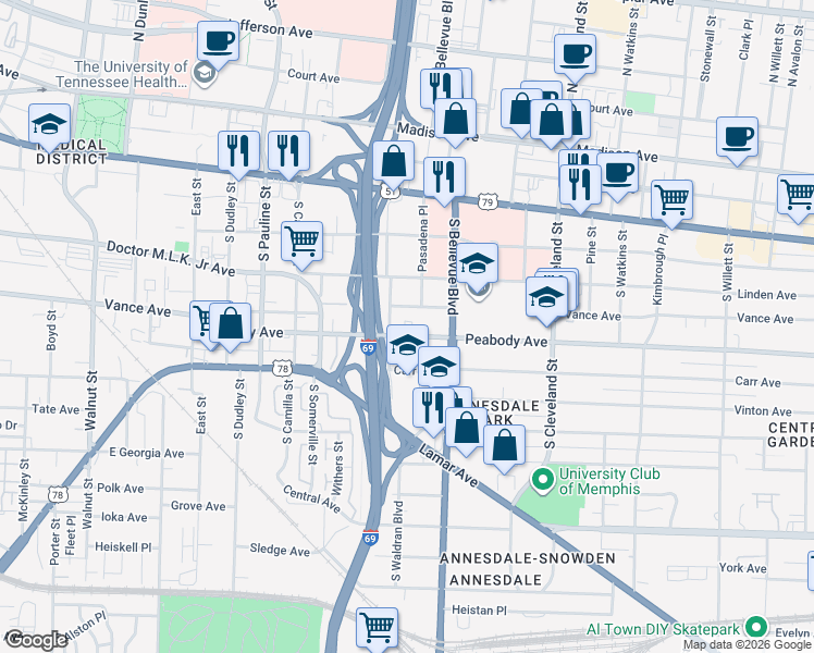 map of restaurants, bars, coffee shops, grocery stores, and more near 1170 Peabody Avenue in Memphis