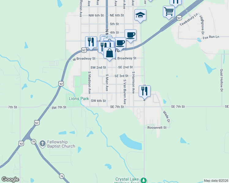 map of restaurants, bars, coffee shops, grocery stores, and more near 417 S Jackson Ave in Blanchard