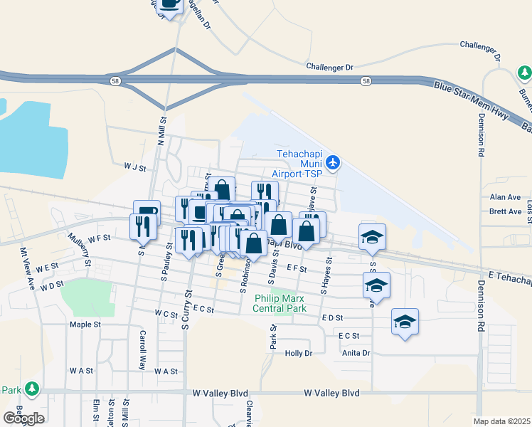 map of restaurants, bars, coffee shops, grocery stores, and more near 209 East H Street in Tehachapi