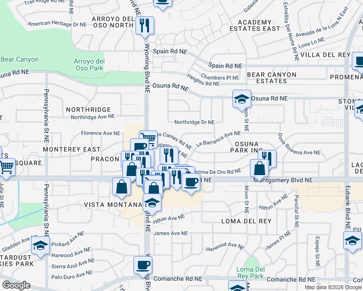 map of restaurants, bars, coffee shops, grocery stores, and more near 8604 Las Camas Road Northeast in Albuquerque