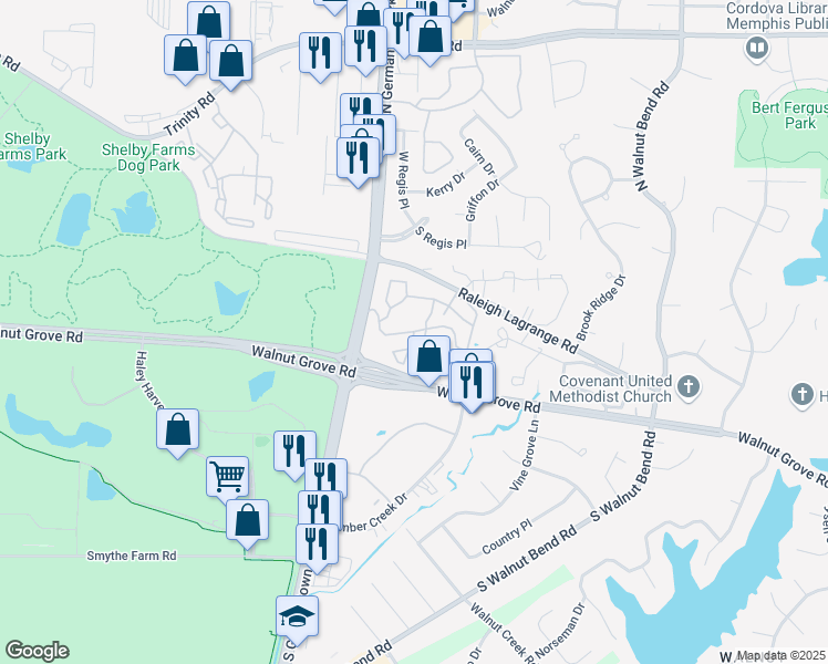 map of restaurants, bars, coffee shops, grocery stores, and more near Country Squire Lane in Memphis