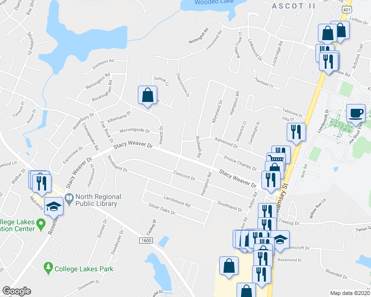 map of restaurants, bars, coffee shops, grocery stores, and more near 5110 Cooper Road in Fayetteville