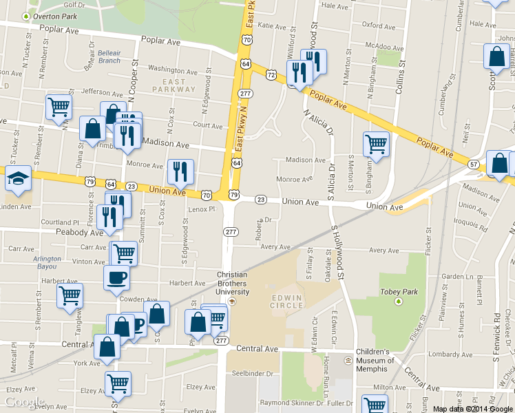 map of restaurants, bars, coffee shops, grocery stores, and more near 2385 Union Avenue in Memphis