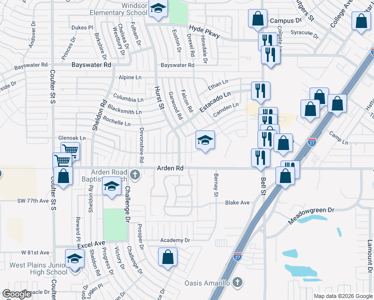 map of restaurants, bars, coffee shops, grocery stores, and more near 6948 Benwood Square in Amarillo