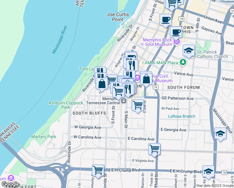 map of restaurants, bars, coffee shops, grocery stores, and more near 523 South Main Street in Memphis