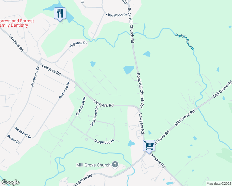 map of restaurants, bars, coffee shops, grocery stores, and more near 2079 Westminster Lane in Matthews