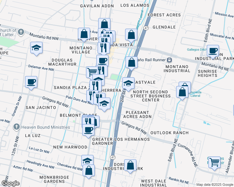 map of restaurants, bars, coffee shops, grocery stores, and more near 202 San Andres Avenue Northwest in Albuquerque