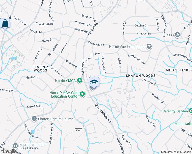 map of restaurants, bars, coffee shops, grocery stores, and more near 5927 Quail Hollow Road in Charlotte