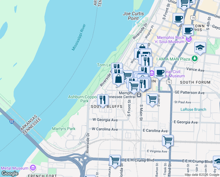 map of restaurants, bars, coffee shops, grocery stores, and more near 25 West GE Patterson Avenue in Memphis