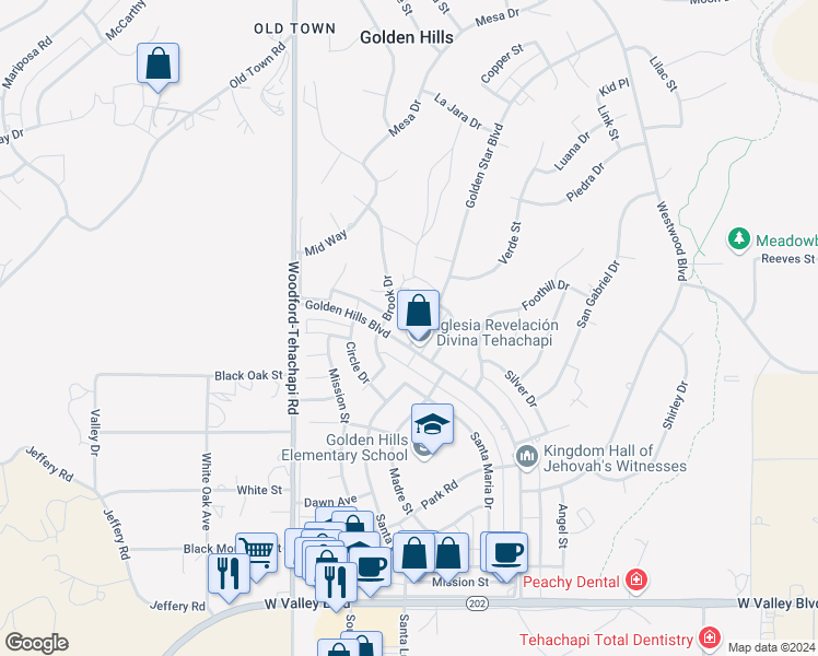 map of restaurants, bars, coffee shops, grocery stores, and more near 21605 Golden Star Boulevard in Tehachapi