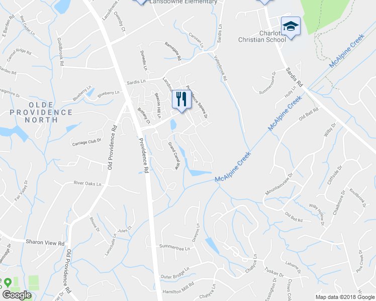 map of restaurants, bars, coffee shops, grocery stores, and more near 5656 Via Romano Drive in Charlotte