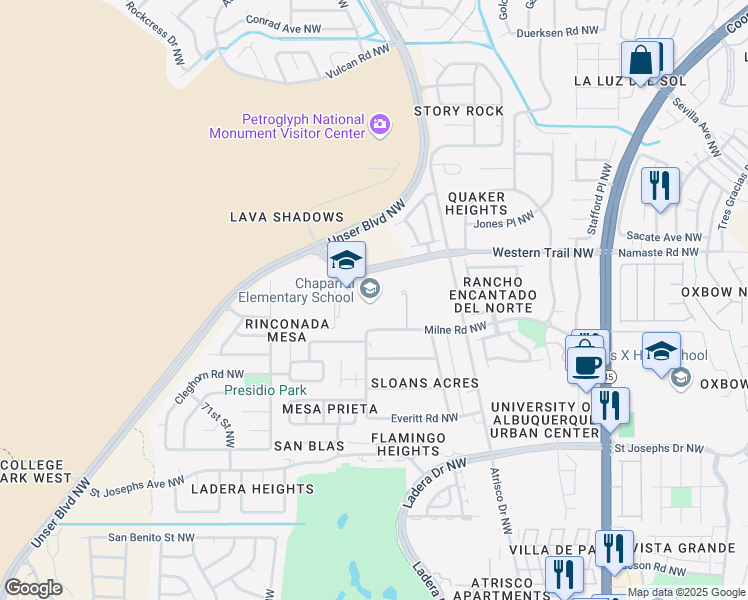 map of restaurants, bars, coffee shops, grocery stores, and more near 6325 Milne Road Northwest in Albuquerque
