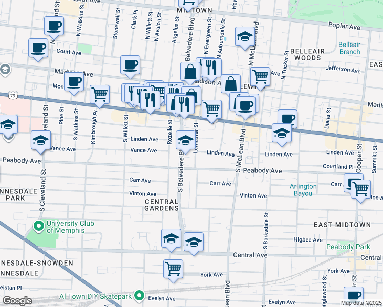 map of restaurants, bars, coffee shops, grocery stores, and more near 1720 Peabody Avenue in Memphis