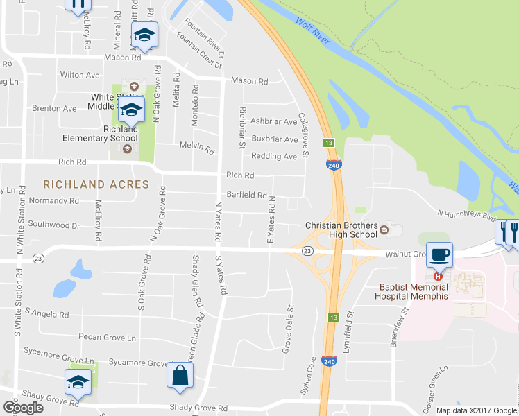map of restaurants, bars, coffee shops, grocery stores, and more near 5690 Normandy Road in Memphis