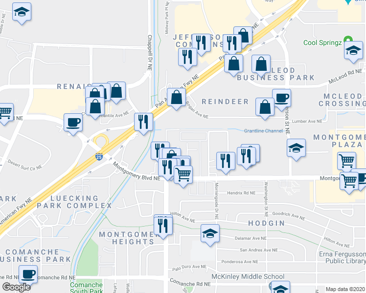 map of restaurants, bars, coffee shops, grocery stores, and more near 3869 Montgomery Boulevard Northeast in Albuquerque