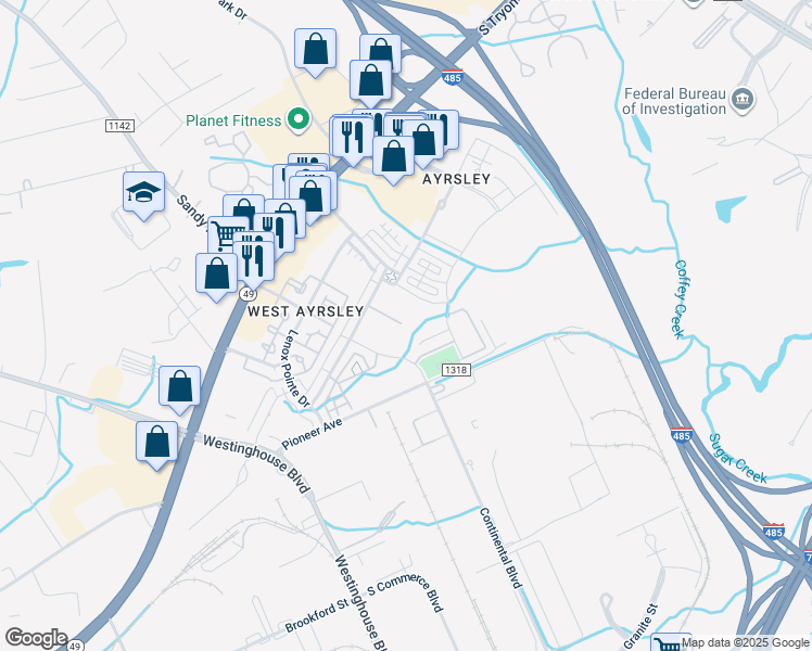 map of restaurants, bars, coffee shops, grocery stores, and more near 3201 Windshire Lane in Charlotte