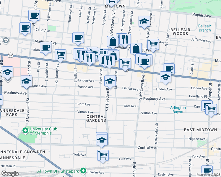 map of restaurants, bars, coffee shops, grocery stores, and more near in Memphis