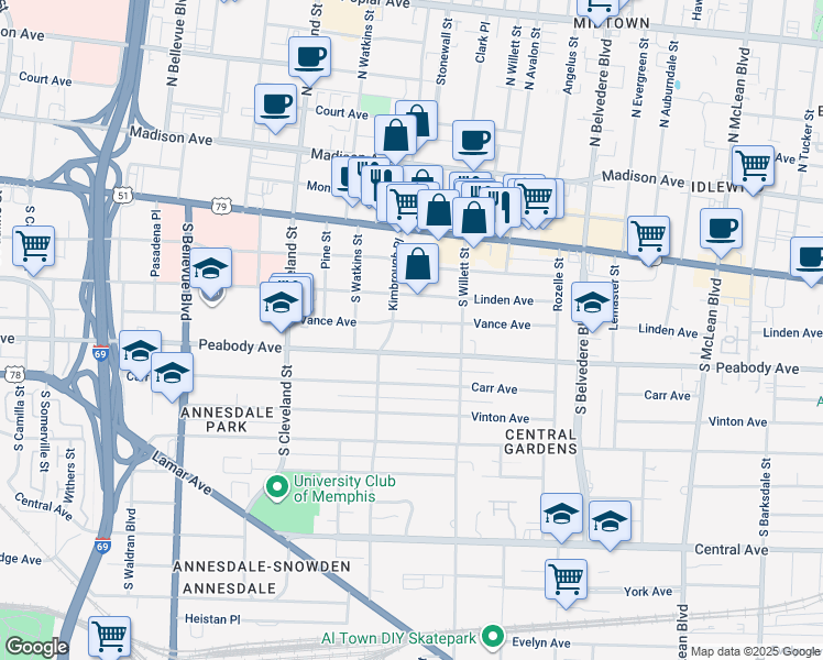 map of restaurants, bars, coffee shops, grocery stores, and more near 1483 Vance Avenue in Memphis