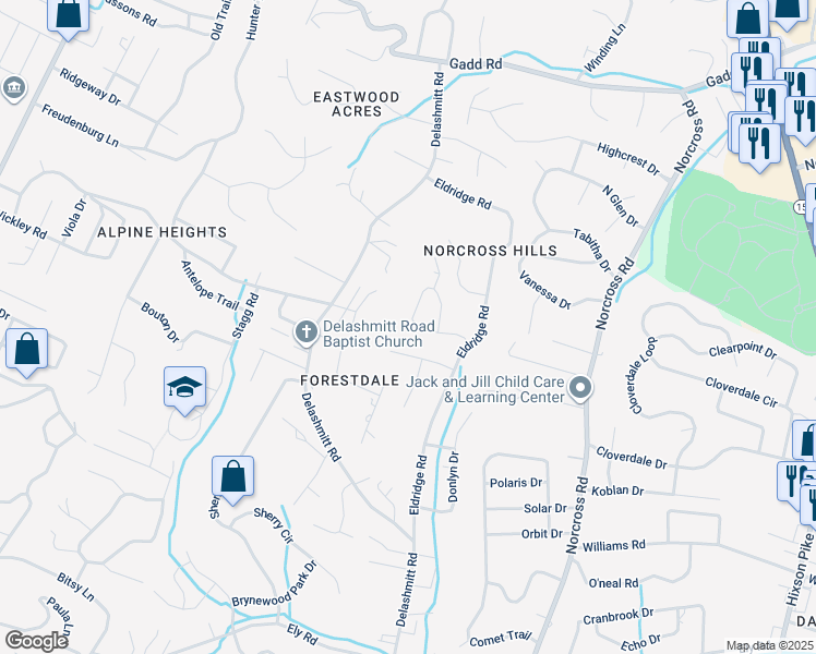 map of restaurants, bars, coffee shops, grocery stores, and more near 804 Soaring Eagle Circle in Chattanooga