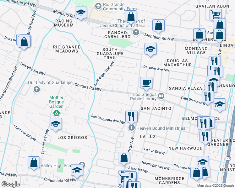 map of restaurants, bars, coffee shops, grocery stores, and more near 1414 Griegos Road Northwest in Albuquerque