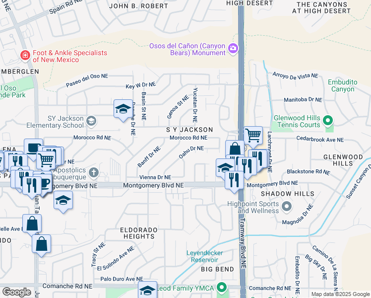 map of restaurants, bars, coffee shops, grocery stores, and more near 4605 Oahu Drive Northeast in Albuquerque