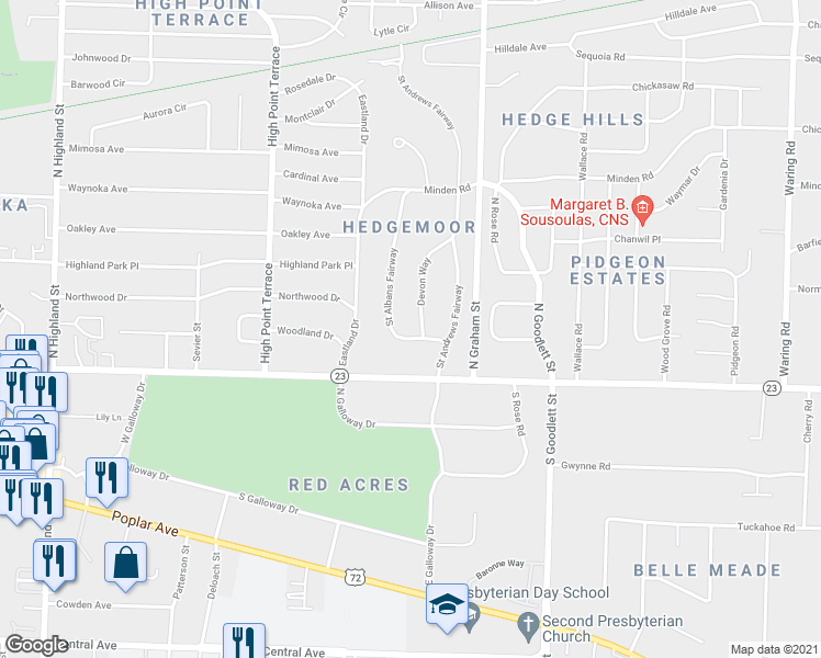 map of restaurants, bars, coffee shops, grocery stores, and more near 59 Devon Way in Memphis