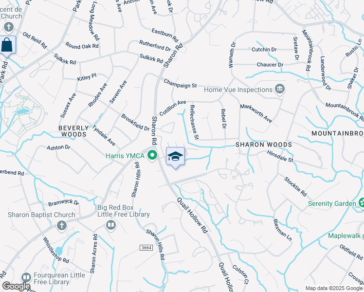 map of restaurants, bars, coffee shops, grocery stores, and more near 5927 Quail Hollow Road in Charlotte