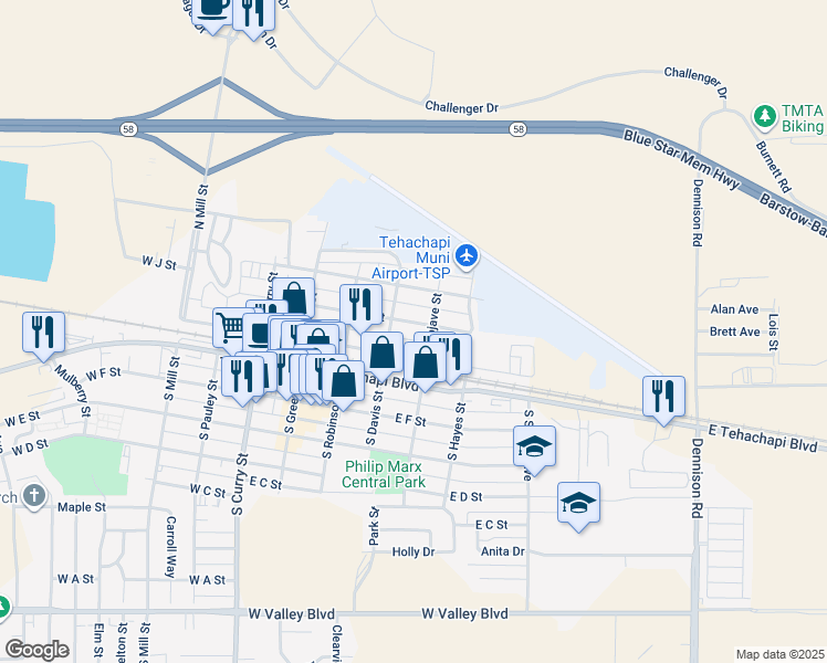 map of restaurants, bars, coffee shops, grocery stores, and more near 320 1/2 East I Street in Tehachapi