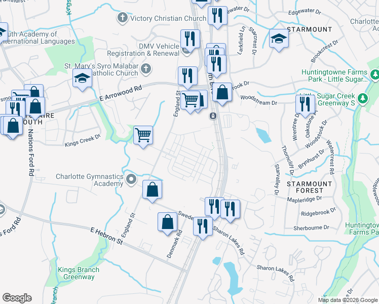 map of restaurants, bars, coffee shops, grocery stores, and more near 1103 Doveridge Street in Charlotte