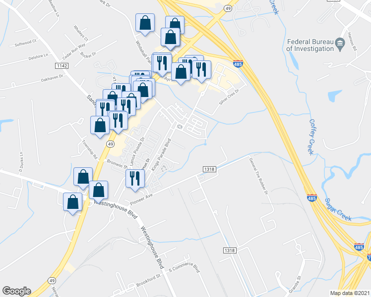 map of restaurants, bars, coffee shops, grocery stores, and more near 3201 Windshire Lane in Charlotte
